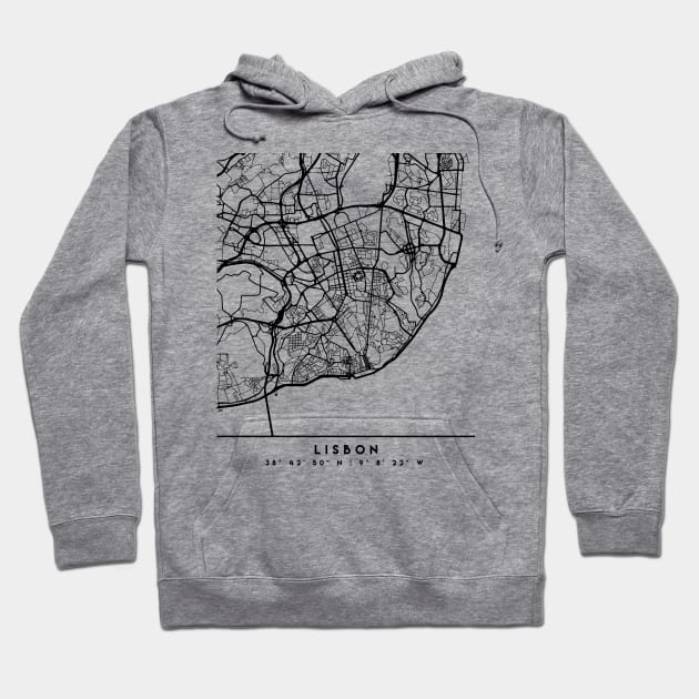 LISBON PORTUGAL BLACK CITY STREET MAP ART Hoodie by deificusArt